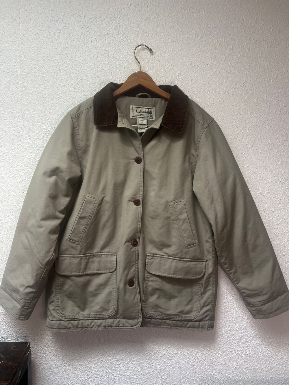 L.L. Bean Women's Olive Canvas Utility Jacket with Brown Corduroy Collar